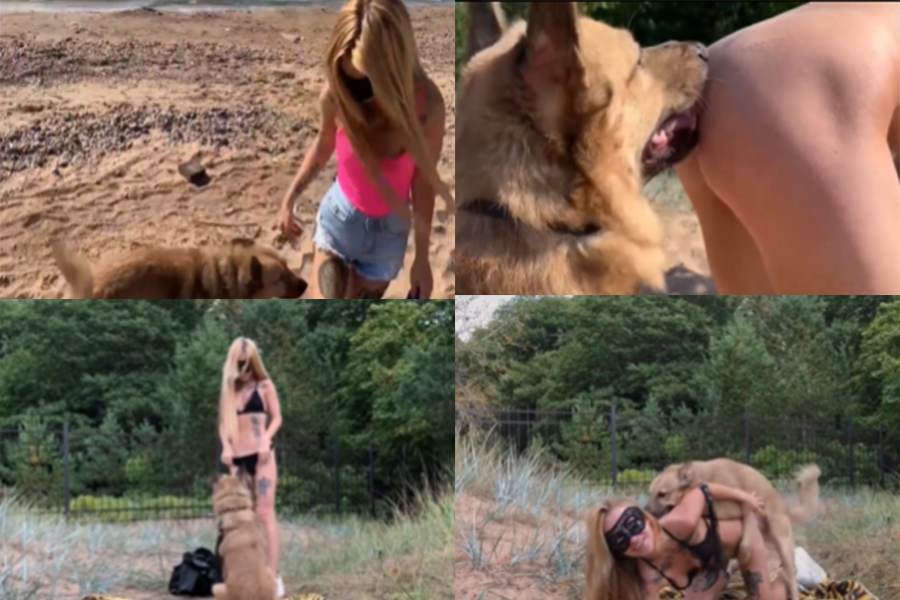 金发美女吃狗狗的大鸡嘴巴都塞不下了